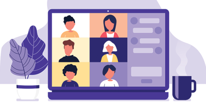 Une illustration d'une table, sur laquelle est posée un vase à gauche, un ordinateur au centre. Sur l'écran allumé on voit 6 visages de personnes en webinaire et à droite de l'ordinateur une tasse est posée.