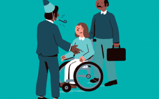 Un homme se dirige vers une femme en situation de handicap pour la conseiller