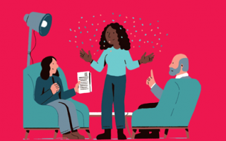 Illustration représentant trois personnes discutant dans un salon