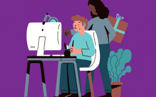Illustration d'un homme derrière un ordinateur et portant une prothèse auditive