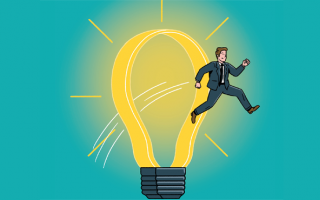 Illustration pour représenter l'innovation avec un homme sautant tout près d'une ampoule lumineuse