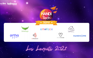 Les lauréats 2021 du Handtech Trophy. Avec les logos de Artha, EchoSign, Le Messageur, Emoface, GiveVision et Handsome.