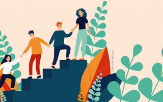 Illustration des personnes s'entraident pour monter un escalier