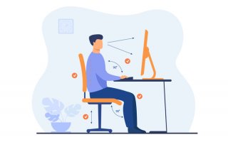 Illustration d'un homme à son bureau devant un écran en position ergonomique