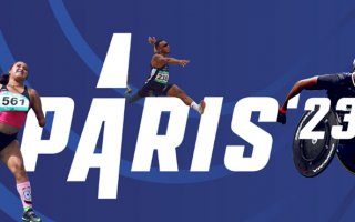 Visuel, sur fond bleu, de 3 athlètes (1 femme et 2 hommes) de para athétisme et écrit en blanc, au centre de l'image Paris "23".
