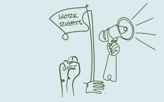 Sur fond bleu clair on voit le dessin de 3 mains : une a le point serré levé, une tient une pancarte sur laquelle est écrit "work rights" et la troisième tient à bout de bras un mégaphone