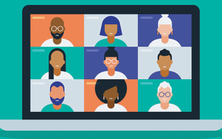 Illustration. Sur fond vert on voit un écran d'ordinateur, sur lequel apparaissent 9 visages de personnes en plein webinaire.