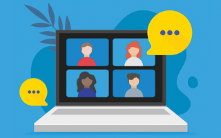 Illustration. Sur fond bleu on voit un ordinateur portable dont l'écran est allumé. Dessus on voit 4 visages de personnes en webinaire et à côté des visages deux bulles de bd jaunes avec des points de suspension bleus.