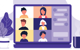 Une illustration d'une table, sur laquelle est posée un vase à gauche, un ordinateur au centre. Sur l'écran allumé on voit 6 visages de personnes en webinaire et à droite de l'ordinateur une tasse est posée.