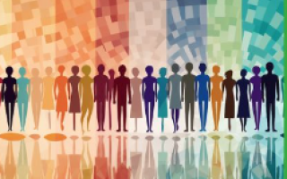 Visuel représentant des silouhettes d'hommes et de femmes sous un fond d'image multicolore en forme de barre verticale