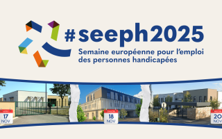 Affiche intitulée « #SEEPH 2025 – Semaine Européenne pour l’Emploi des Personnes Handicapées ». Elle présente trois matinées d’échanges dédiées à l’emploi des personnes en situation de handicap. Trois photos illustrent les lieux des rencontres, accompagnées des dates suivantes :  Lundi 17 novembre 2025 à Vitry-en-Charollais  Mardi 18 novembre 2025 à Mâcon  Jeudi 20 novembre 2025 à Chalon-sur-Saône